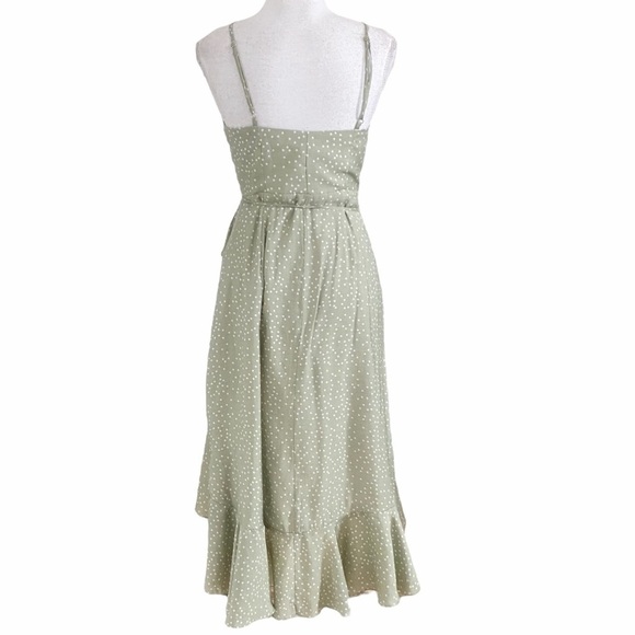 SELFIE LESLIE SAGE GREEN WHITE POLKA DOT SLEEVELESS RUFFLE WRAP DRESS - XS - Picture 4 of 10